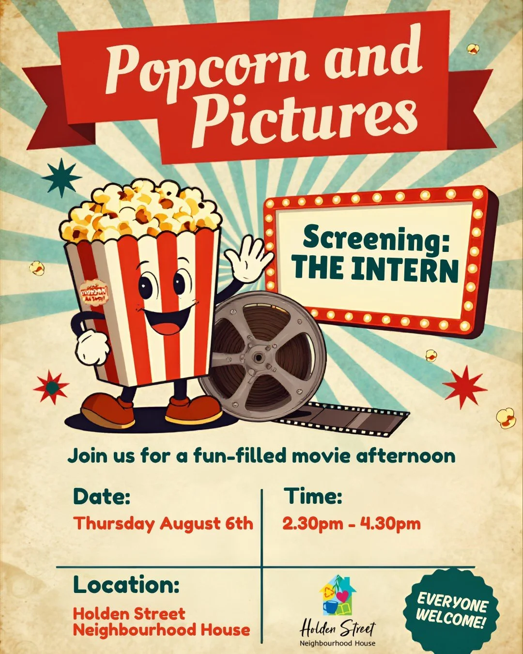🍿🎬 Popcorn, a great movie, and good company... what more could you ask for?

Join us next week for our Popcorn &amp; Pictures Afternoon as we settle in to watch the feel-good favourite, The Intern!

Enjoy a movie on the big screen, snack on freshly