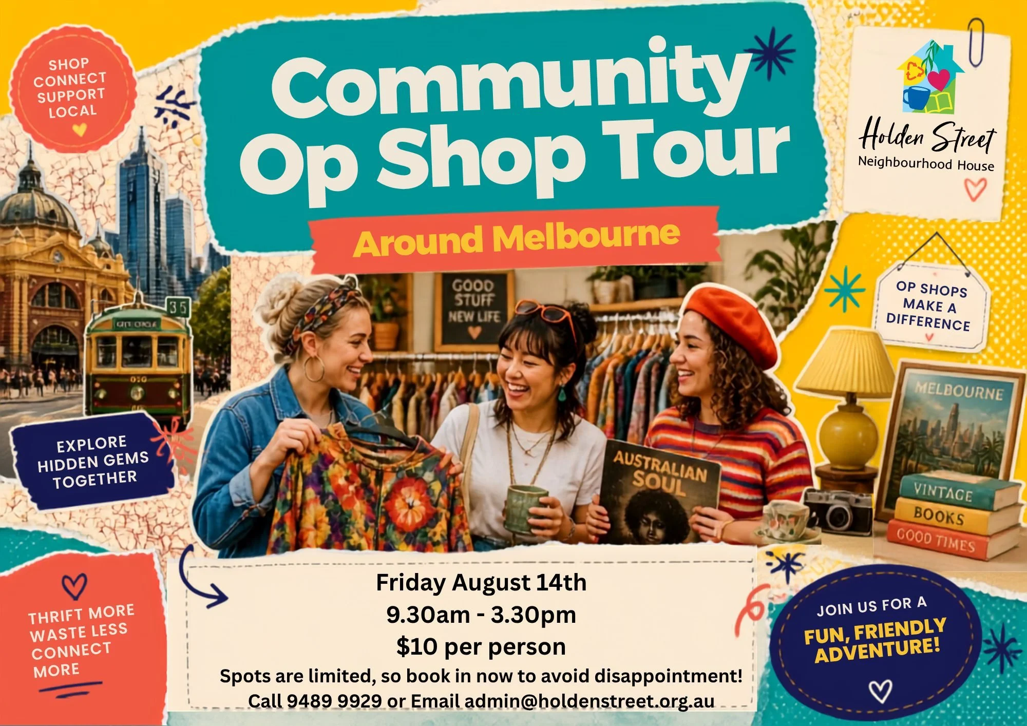 🛍️ Community Op Shop Adventure! 🛍️

Join us for a fun day out exploring some of Melbourne&rsquo;s best Op Shops! Whether you&rsquo;re searching for a hidden treasure, a great bargain, a unique find, or simply enjoy browsing and spending time with o