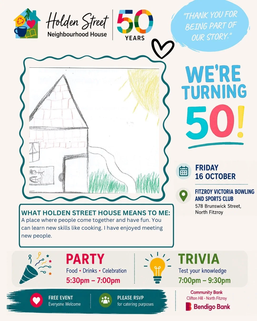 🎉 You're Invited! Celebrate 50 Years of Holden Street Neighbourhood House 🎉

For 50 years, Holden Street Neighbourhood House has been a place of connection, learning, belonging and community. Our story has been written by thousands of people who ha