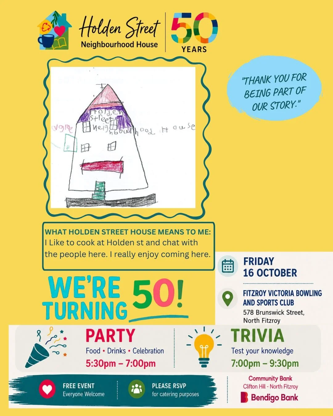 🎉 The countdown continues&hellip; and Kristian has joined the party!

We're excited to share the next 50th Celebration invitation, designed by Kristian as part of our Learning for Impact program.

Through our partnership with Community Bank Clifton 