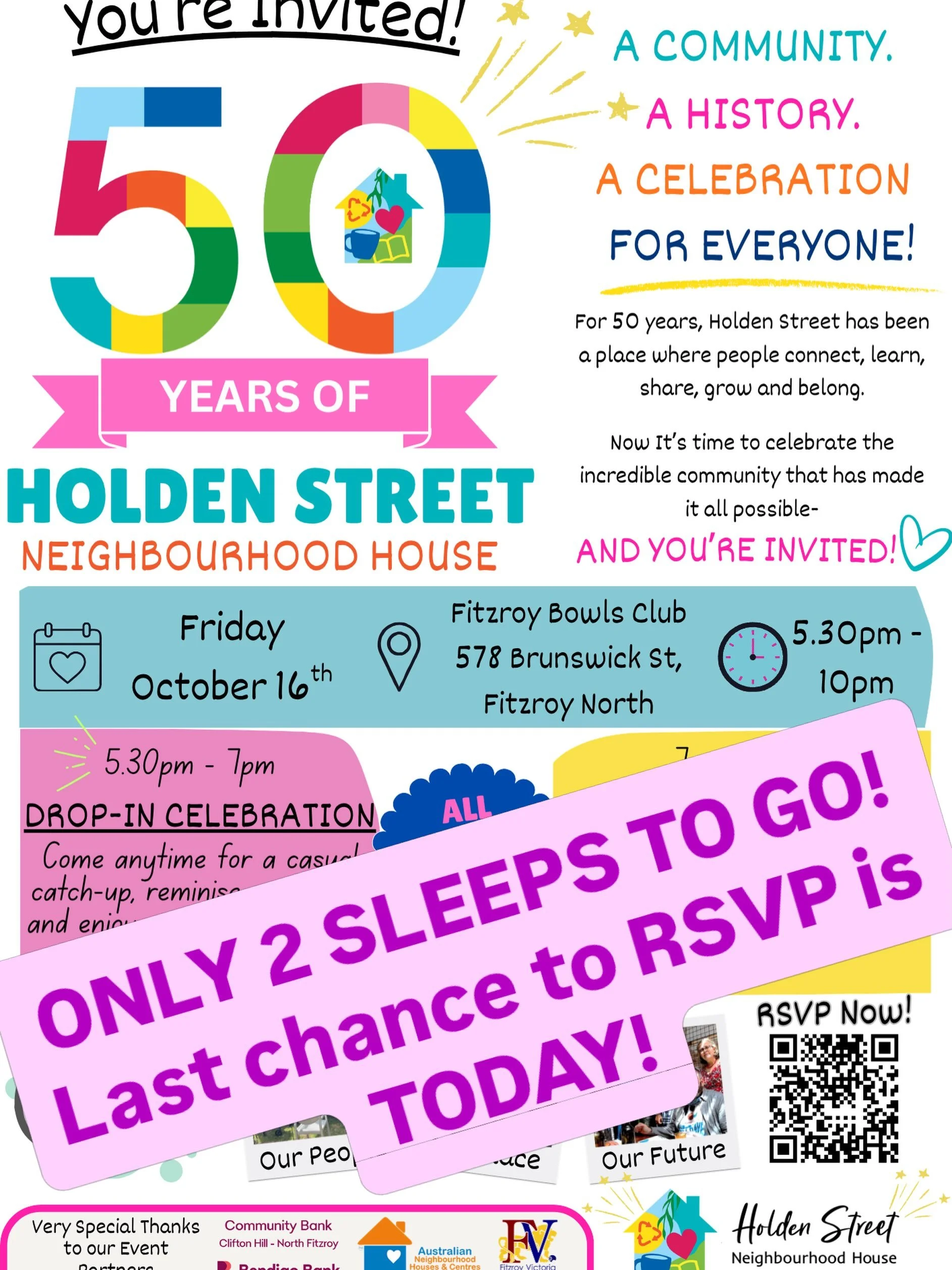 🎉 ONLY 2 DAYS TO GO! 🥳🎂
We&rsquo;re SO excited to celebrate 50 incredible years of Holden Street Neighbourhood House! 💛
We can&rsquo;t wait to bring together our amazing community, past and present, to celebrate the people, stories and connection
