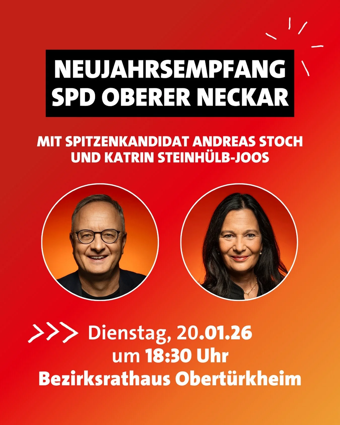 🎉Das neue Jahr gemeinsam beginnen und miteinander ins Gespr&auml;ch kommen. Dazu lade ich herzlich ein zum Neujahrsempfang der SPD Oberer Neckar.

🗣️Zusammen mit unserem Spitzenkandidaten Andreas Stoch m&ouml;chten wir &uuml;ber die Zukunft unserer