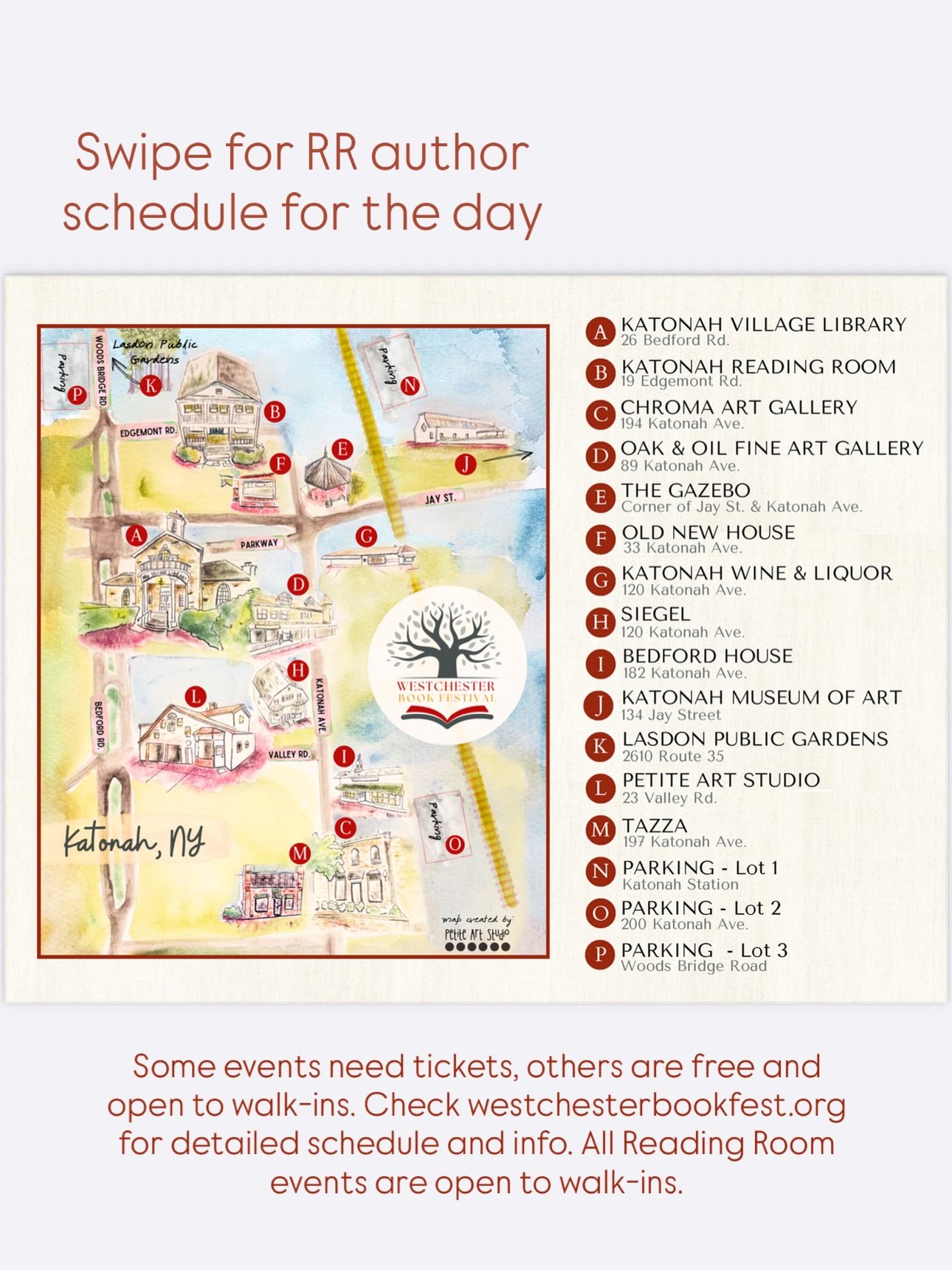 Book festival details!! Go to Westchesterbookfest.org for tickets to library events and workshops. Swipe for Reading Room author times - all RR events are free and open to walk-ins, no tickets needed.