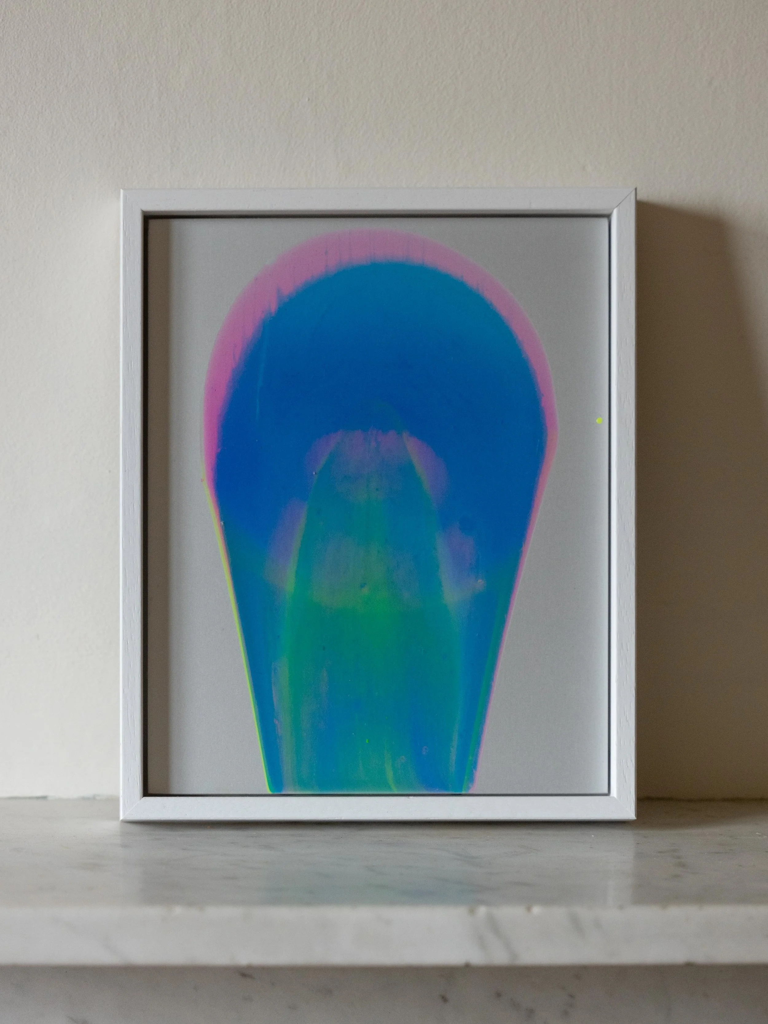 'Small Eternal', 
20 x 25cm, 
acrylic on 3mm anodised aluminium, framed in white wooden tray frame, 
signed on verso,
£250