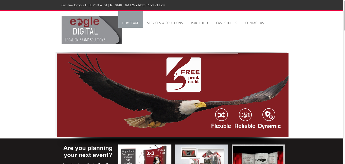 A website homepage for Eagle Digital, a local on-brand solutions company, with contact information at the top. The main section features an image of a flying bald eagle against a red background, with icons and text indicating flexibility, reliability, and dynamic services, as well as a promotion for a free print audit.