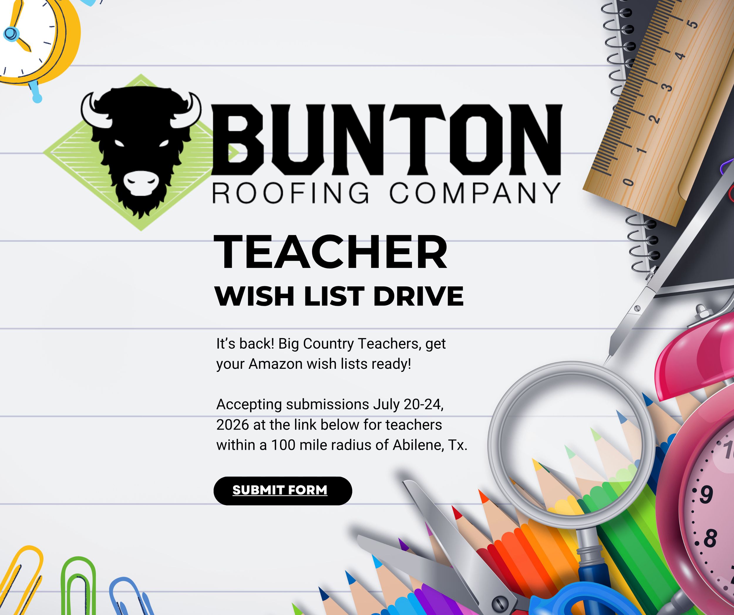 Bunton Roofing Teacher Wish List Drive graphic