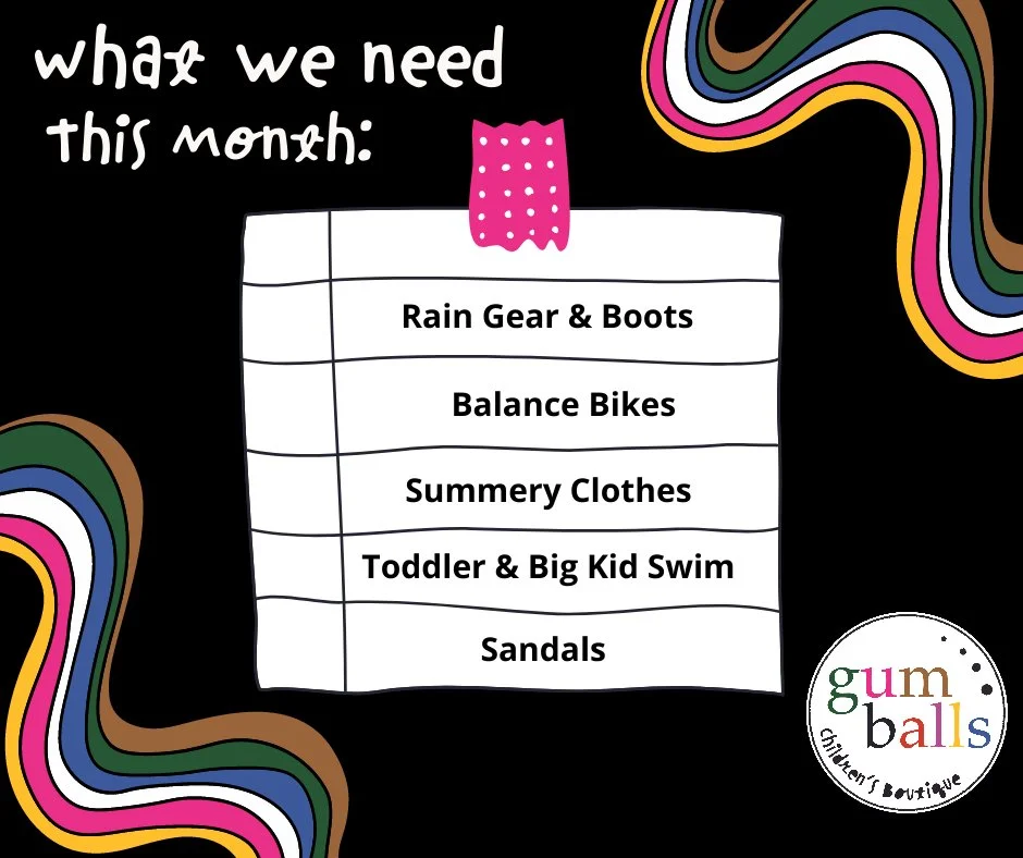 Getting ready for the warmer weather? We have officially stocked our shelves with spring and summer! We are still needing rain gear, sandals, toddler/big kid swimsuits, and summer clothes to get our selection more filled out! 

We also buy small ride
