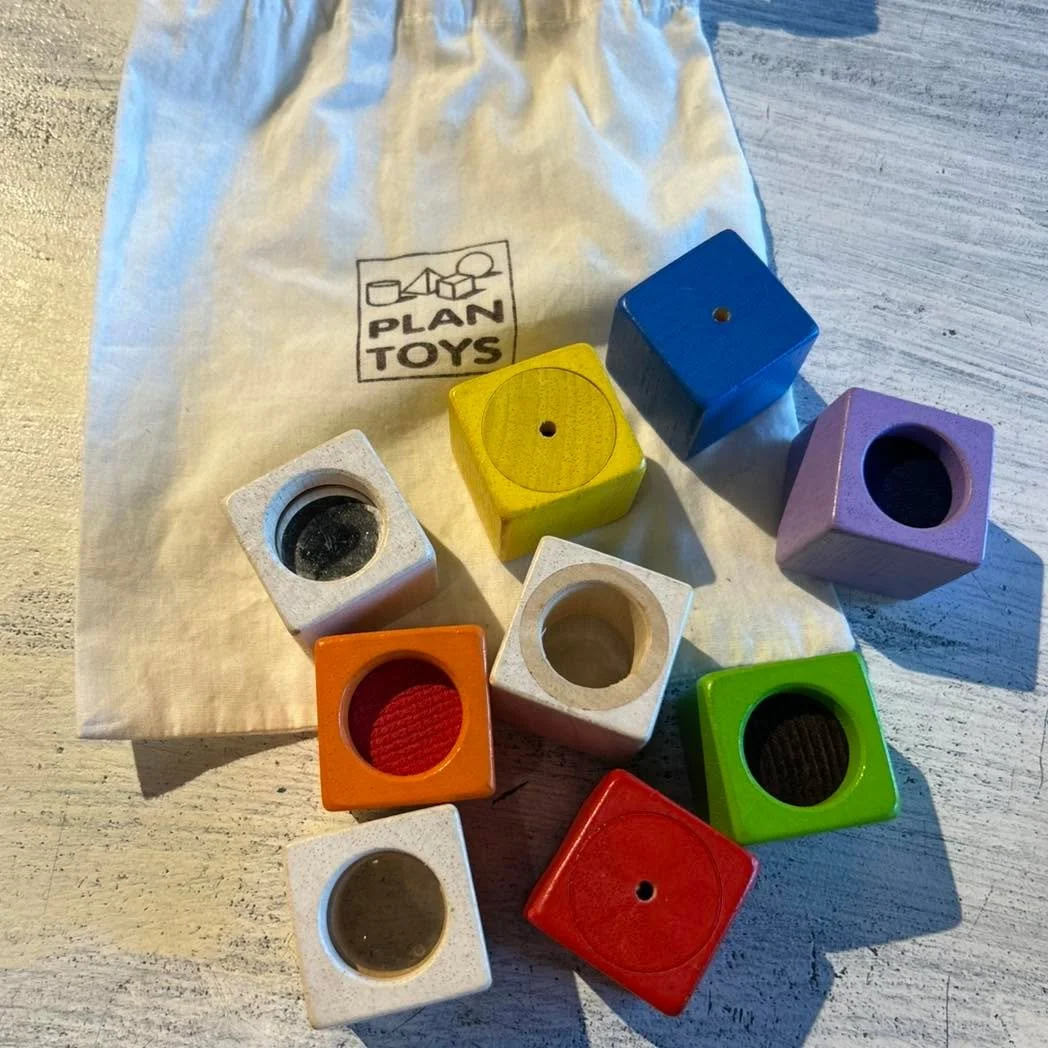 Every once in a while something comes through where I am a bit surprised by the retail price! These little Plan Toys sensory blocks are $35 new! Get them here for $11.99

Each one has a unique sound or texture. It comes with nine blocks in a drawstri