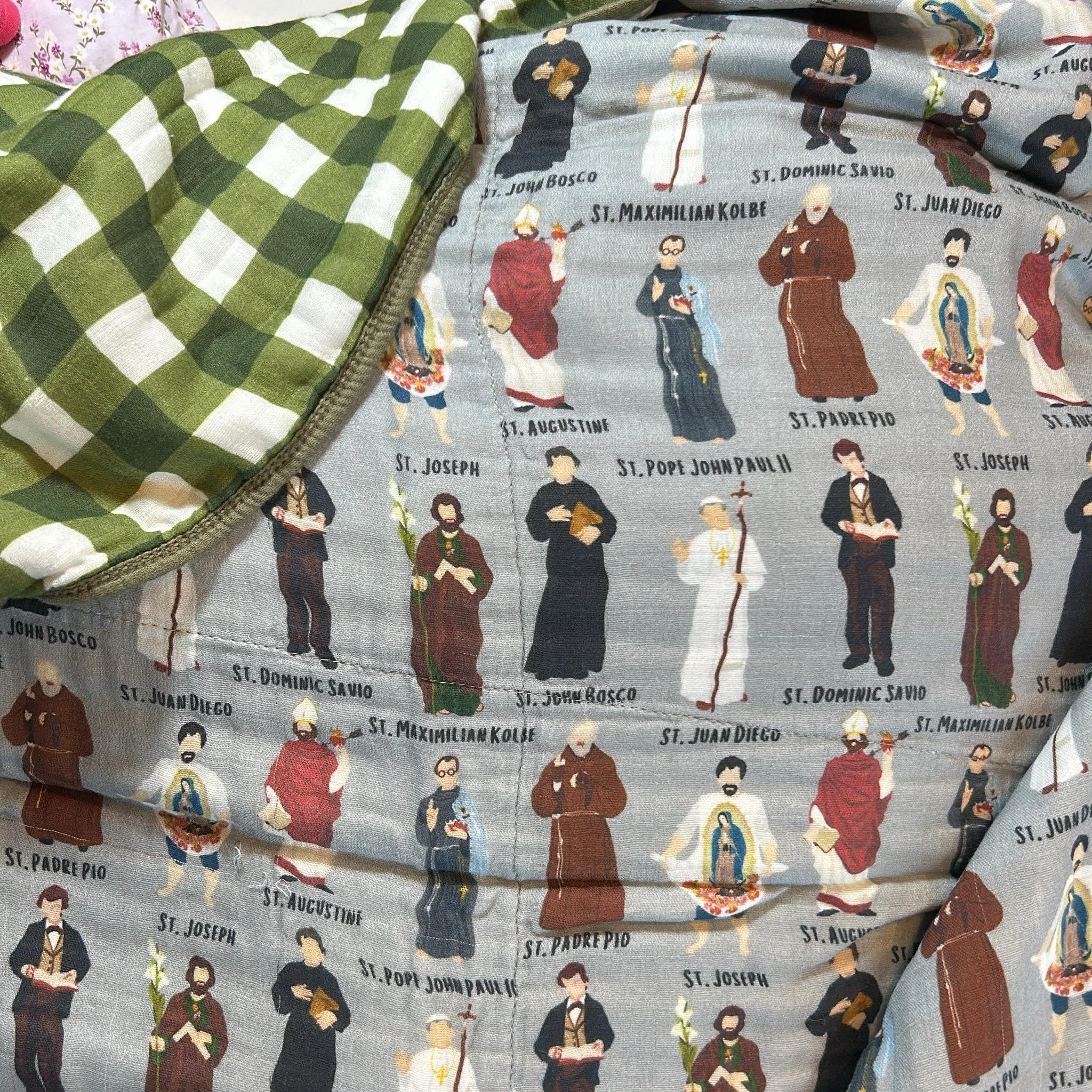 Sorry I haven't been able to hop on Live for buys lately! 

In the meantime, I had to share the most unexpected find of the day: Catholic Saints on an organic bamboo blanket. It&rsquo;s huge, incredibly soft, and definitely a unique way to wrap your 