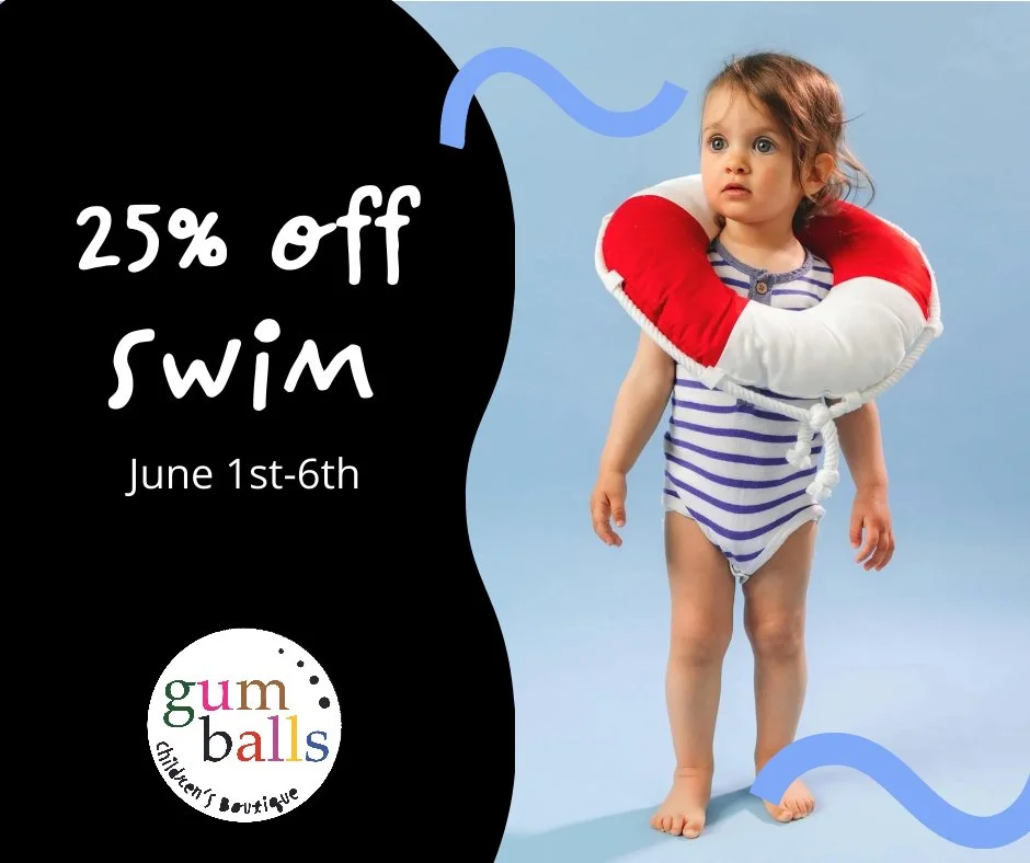 Get ready for the water! 🌊 From June 1st through June 6th, we are taking 25% off all swim at Gumballs.

This includes all swimsuits, trunks, and cover-ups. Plus, our locally made beach towels are included in the sale too. Swing by and grab your summ
