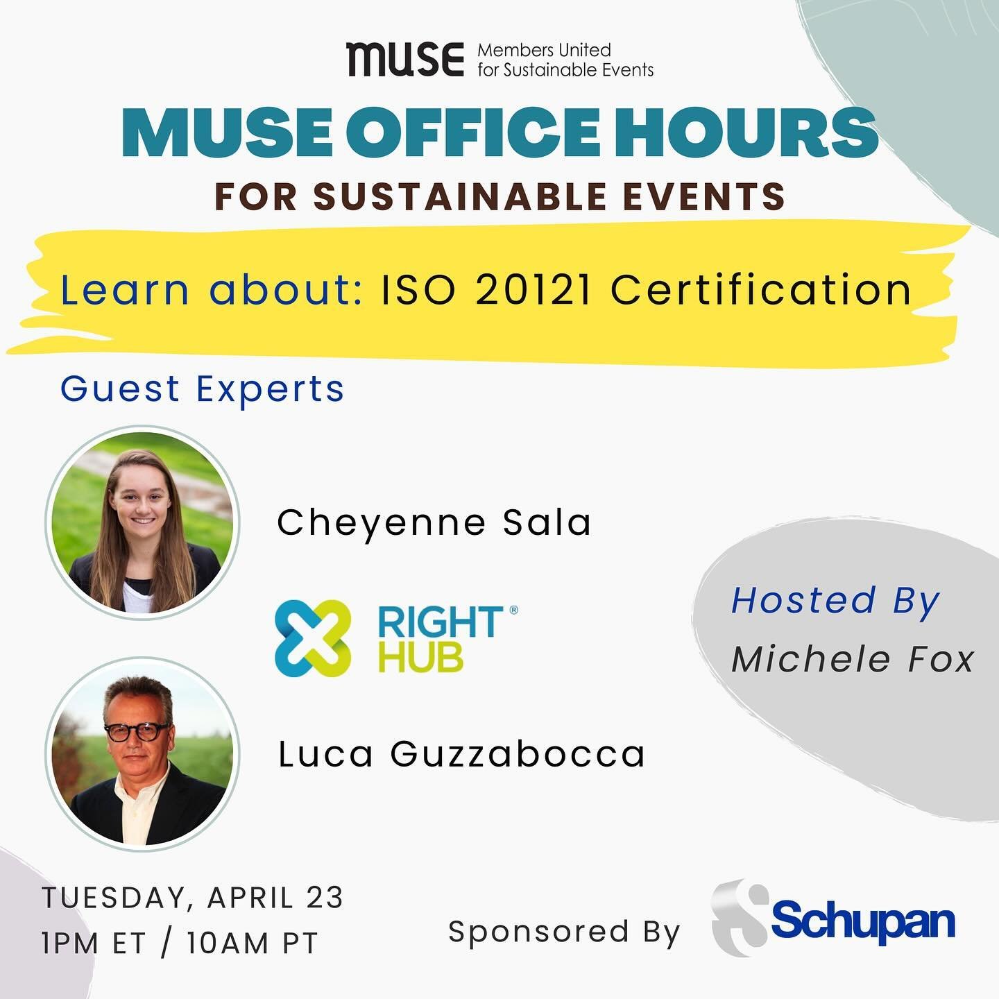 Join us on Tuesday, April 23 for MUSE Office Hours, where we answer all your questions about sustainable event management. Each session features special Guest Experts, and we&rsquo;ll dive into the nitty gritty of sustainable event management. 

Regi