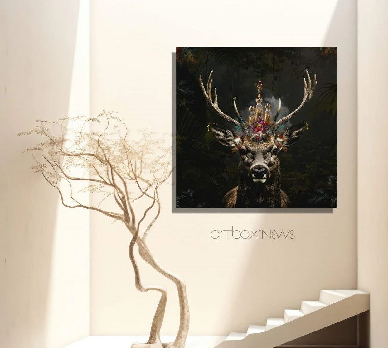 Gallery wall featuring artwork of a decorated elk with large antlers in a forest scene, with a minimalist tree sculpture and stairs nearby.