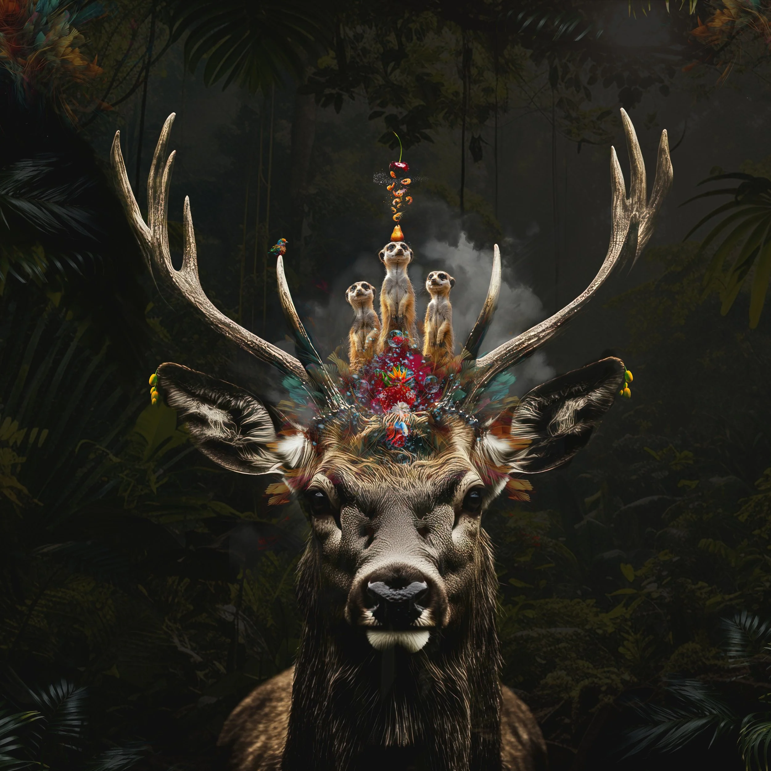 A surreal depiction of a giraffe with four meerkats on its head, standing and looking forward, surrounded by lush green jungle foliage with large leaves and trees.