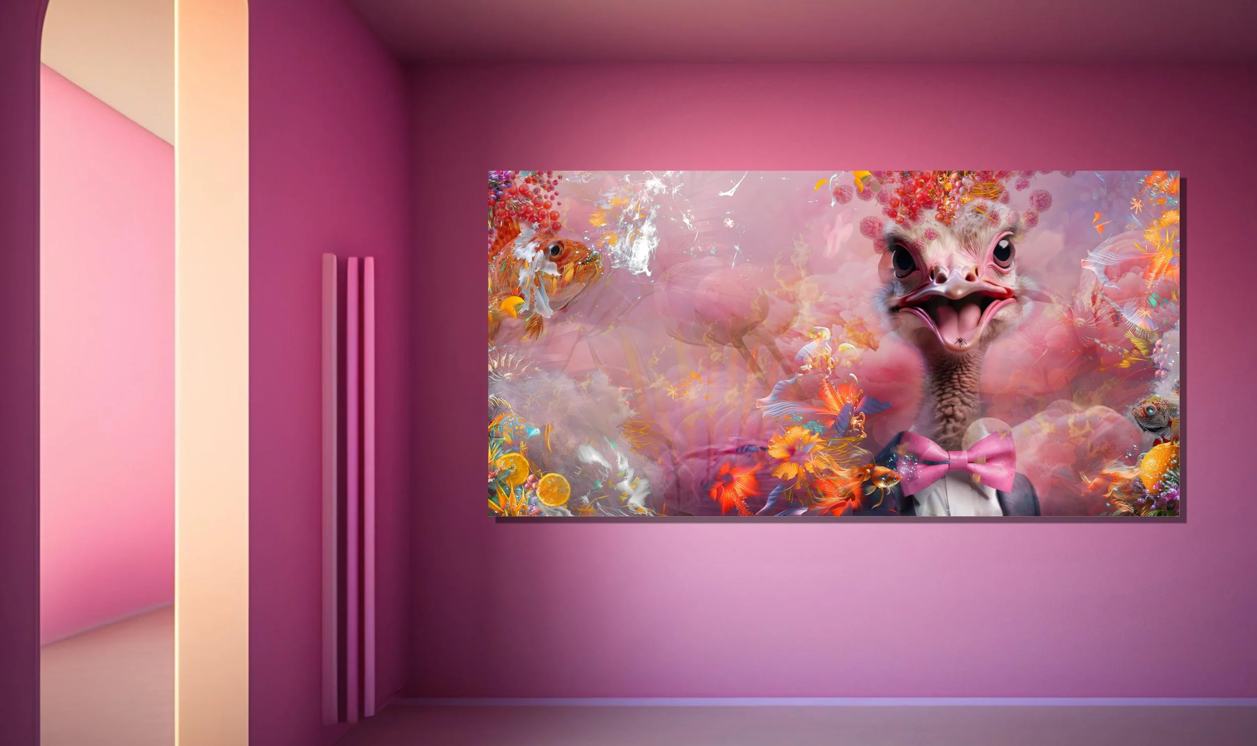 A surreal artwork depicting a creature with a dragon or dinosaur head at the center, surrounded by colorful fish, flowers, and abstract elements in a pink and purple background within a gallery-style room.