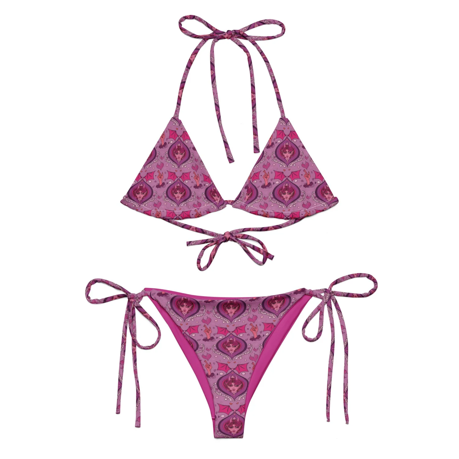 Pink bikini set with succubus art and flirty demon girl design. Swimsuits available in all sizes