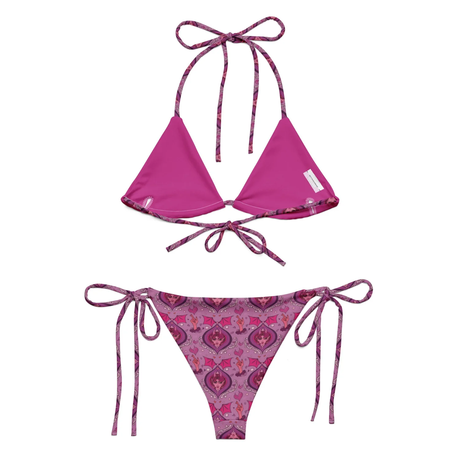 Pink bikini set with succubus art and flirty demon girl design. Swimsuits available in all sizes