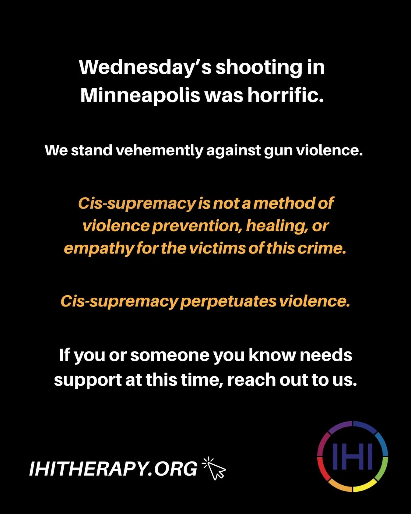 Our hearts are with the victims and families of this tragedy. 🖤

We are here to support folx in our community in need of care. 

We know there will be backlash against our community that is rooted in cis-supremacy &mdash; not actual care and empathy