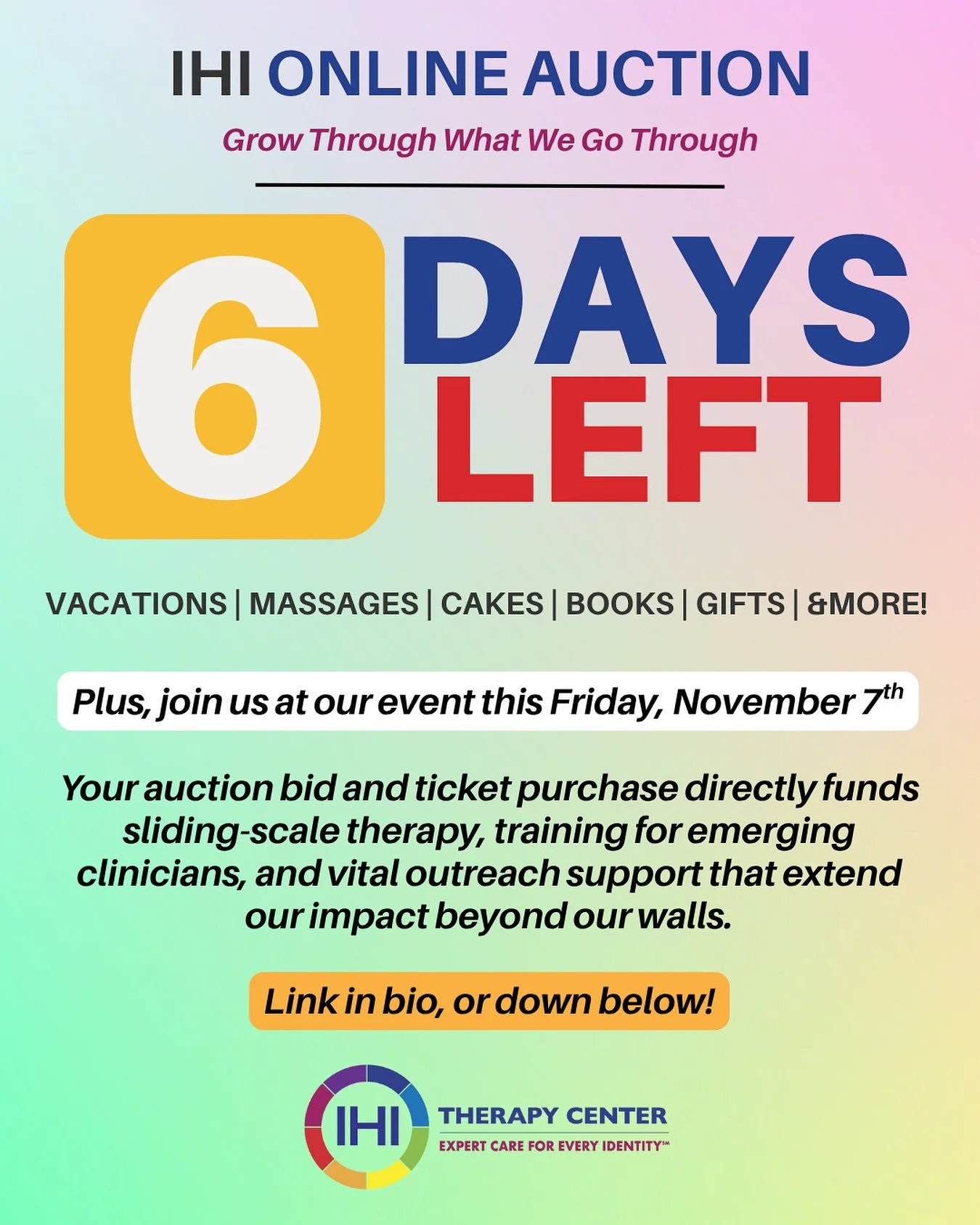 PSSST&hellip; 🤫 We just lowered the starting bids on our vacation prizes !

Only 6 DAYS remaining in our online auction. Have you bid yet?! 

Check it out before it&rsquo;s too late. 

Plus &mdash; join us on FRIDAY for our in person event! Tickets 