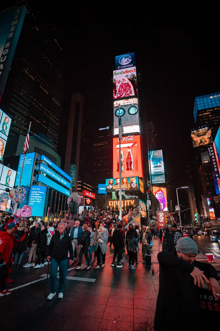 Times Square billboards and crowd