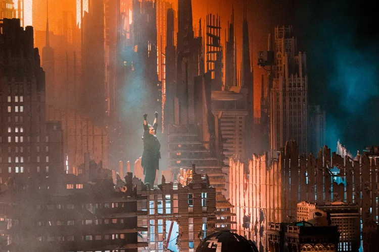 Performer on a futuristic rooftop set