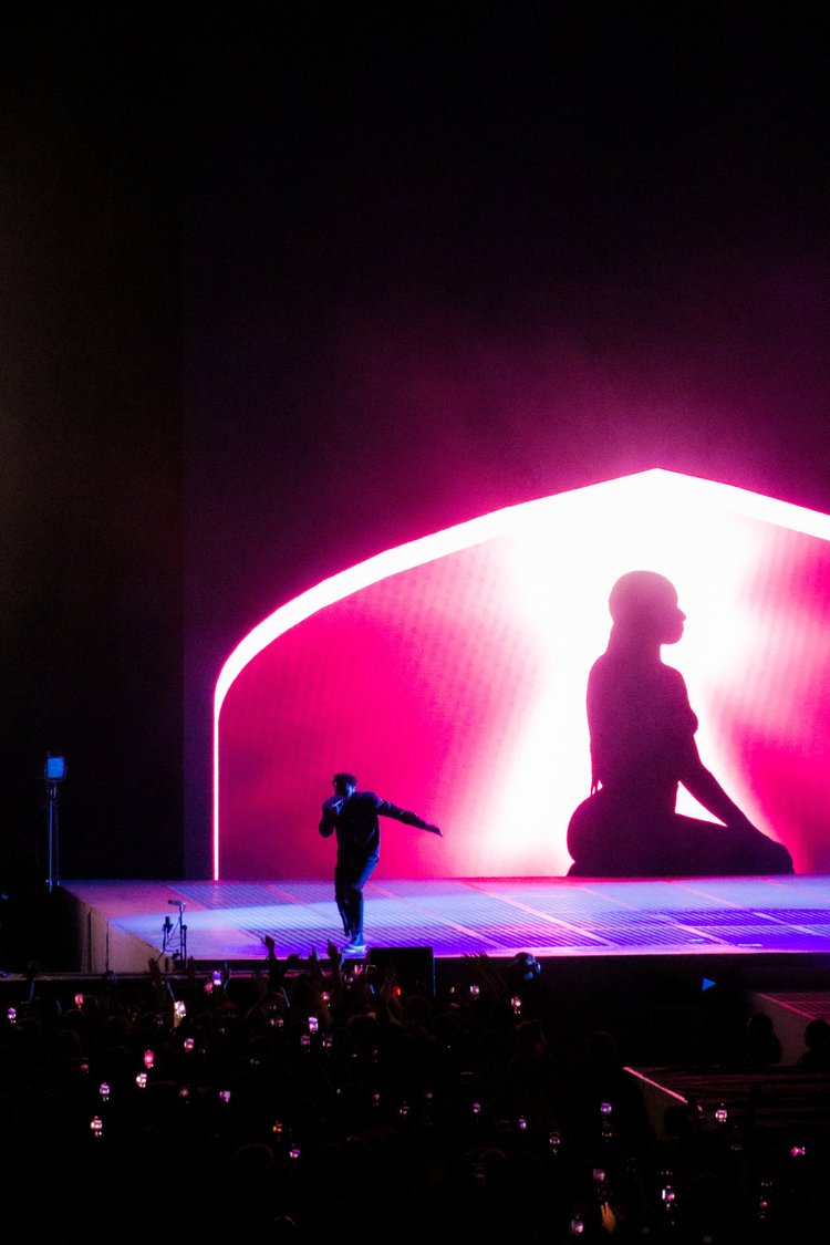 Performer with pink silhouette backdrop