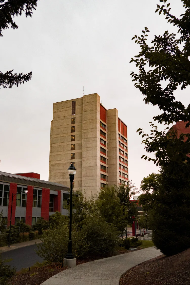 Red and beige building facade
