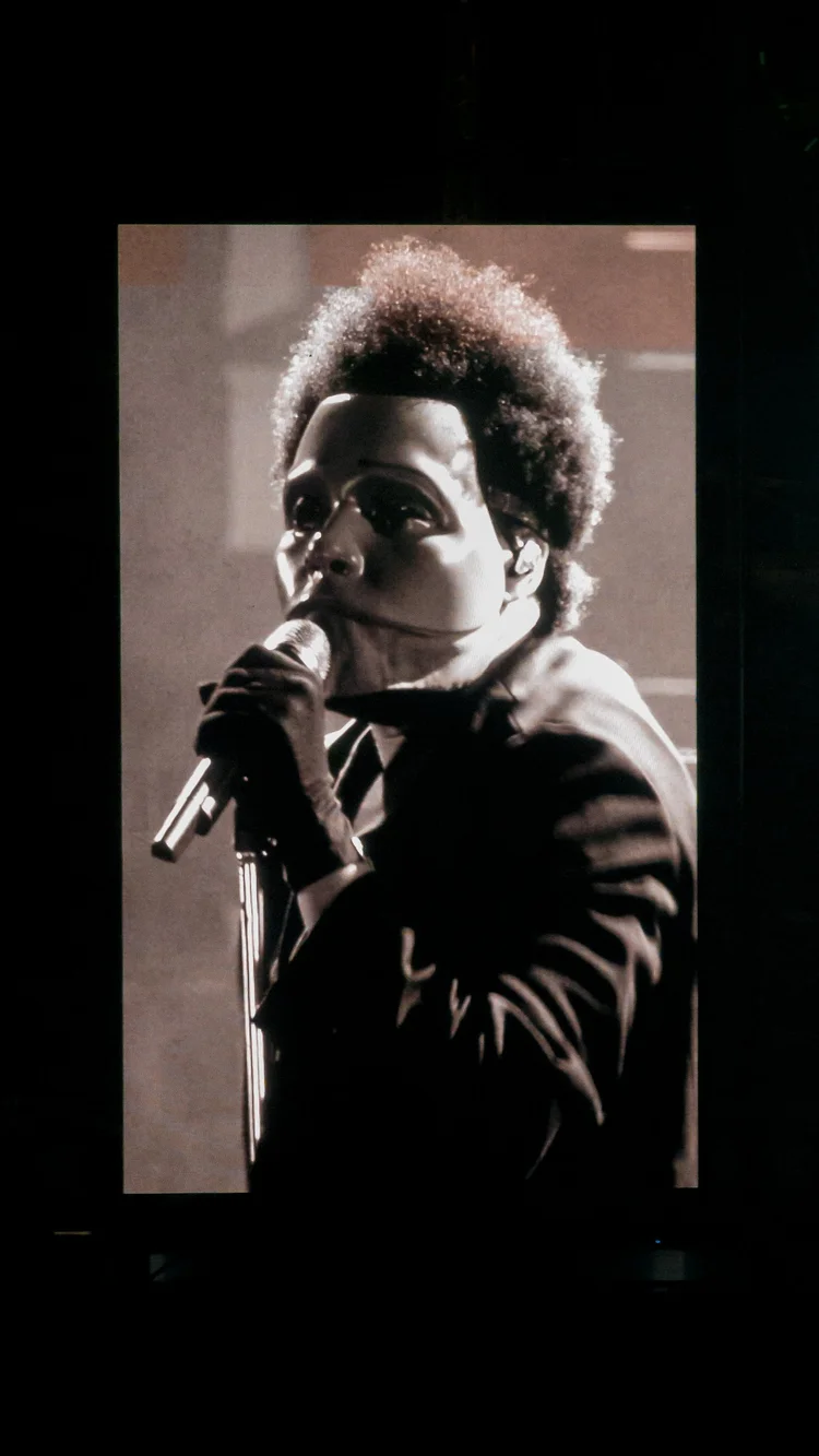Masked performer holding a microphone