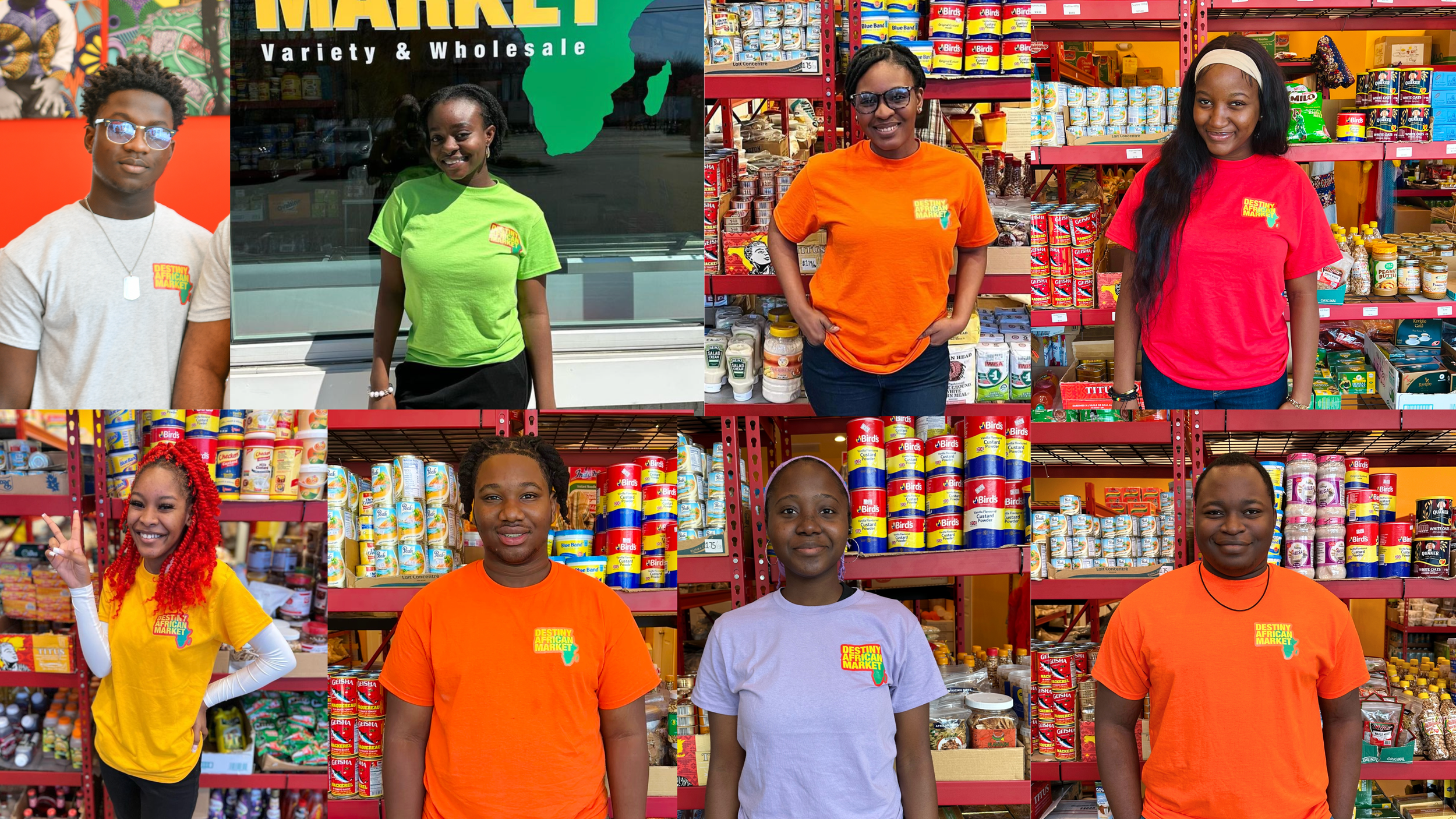 Collage of seven young people, four women and three men, inside or outside a grocery store, wearing colorful t-shirts with 'Destiny African Market' logo, standing in front of shelves stocked with canned goods and packaged food.