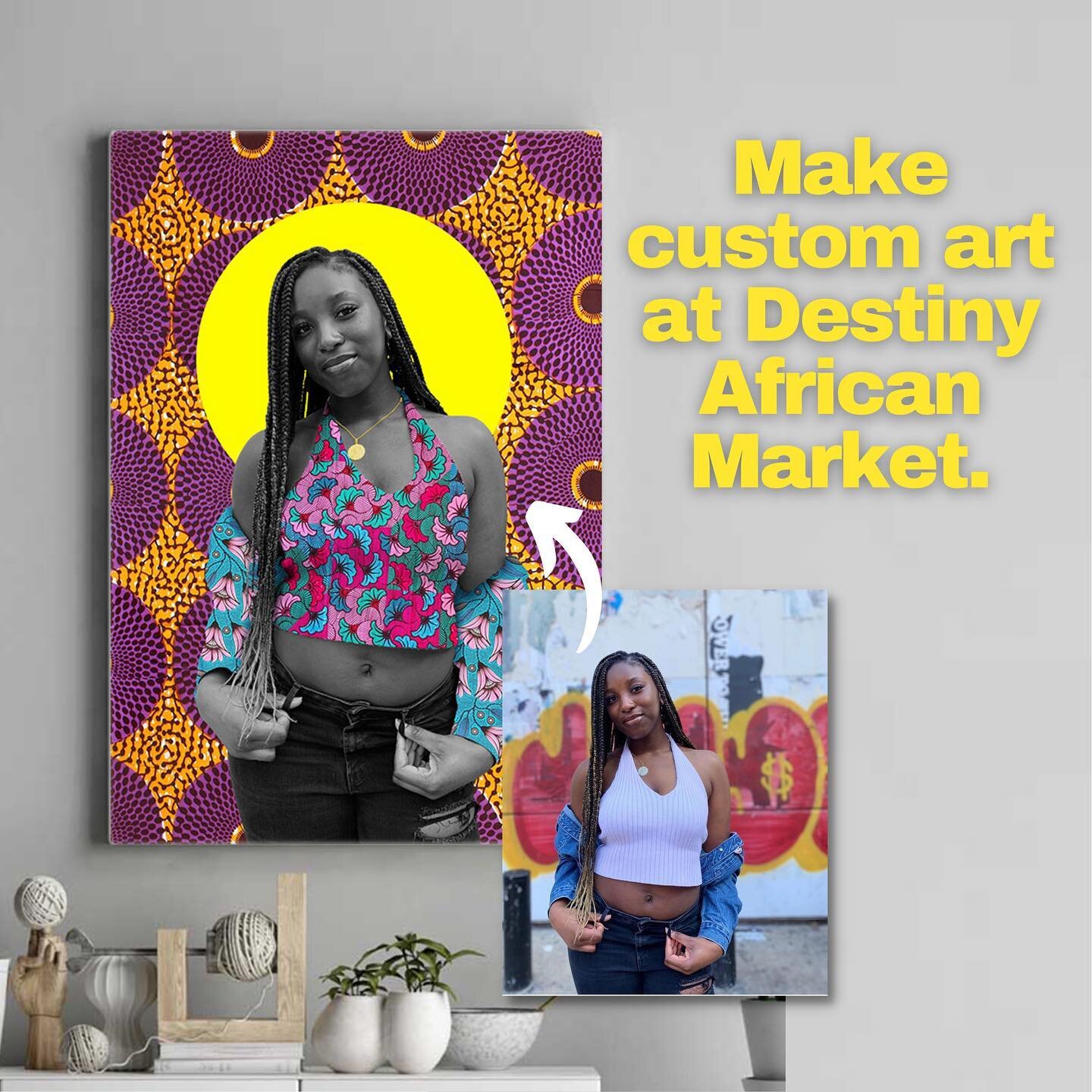 ✨🌈 Turn your photos into whimsical African print art pieces with Destiny African Market.
⠀
Perfect for home decor and as a gift for a loved one&rsquo;s special occasion ❤️&zwj;🔥 It will leave them feeling happy, confident and inspired.
⠀
DM us abou