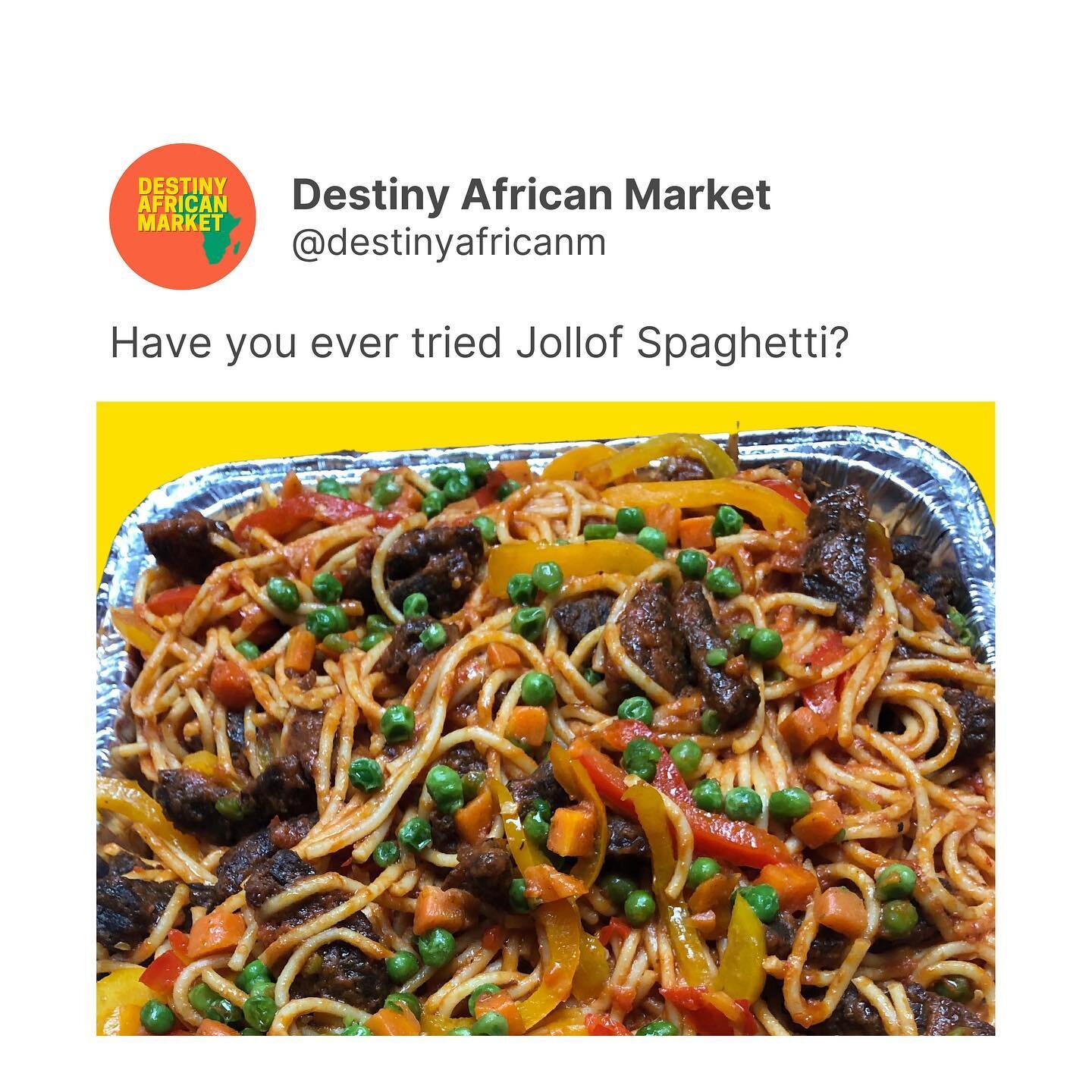 Don&rsquo;t knock it until you try! Jollof Spaghetti is ELITE ❤️&zwj;🔥! You&rsquo;re gonna wanna have it FOREVER after tasting ours 😋
⠀
You can order it online at destinyafricanmarket.com/catering
⠀
THANK US LATER!
⠀
#Afrofusion #Jollof #JollofSpag