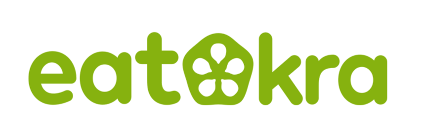 Eat Akra logo with green text and a stylized flower in the letter 'o'