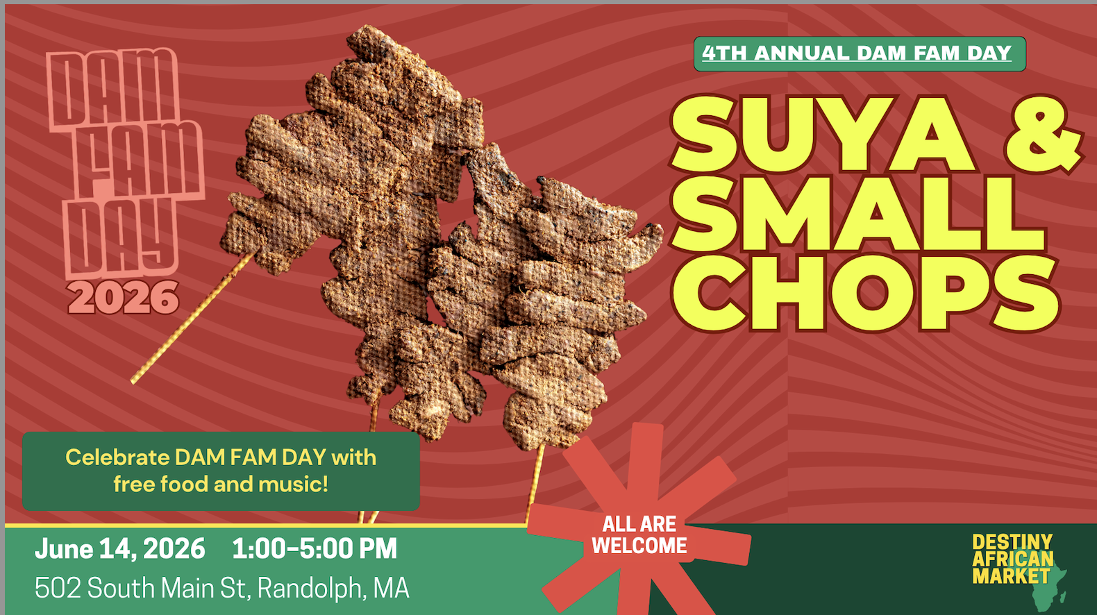 red and yellow flyer depicting free food event