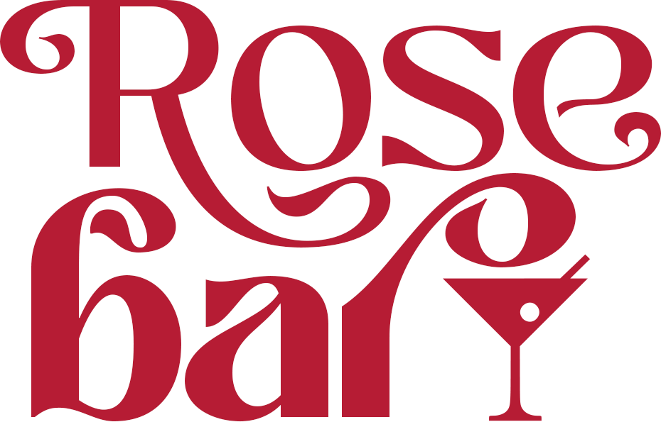 Stylized red text spelling 'Rose Bar' with a martini glass icon in place of the letter 'A' in 'Bar'.