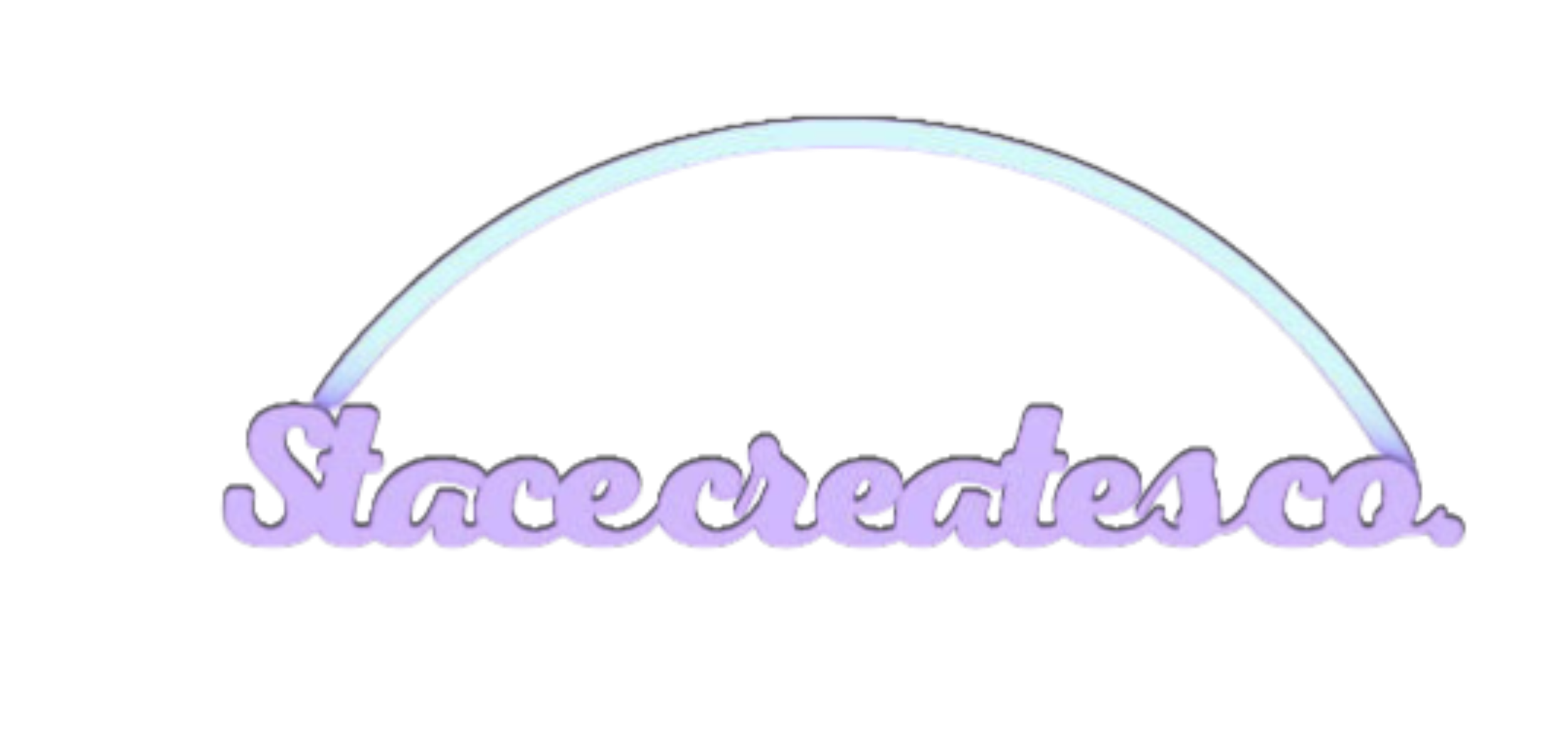 A stylized logo reading 'Staceycakes' in purple cursive text with a pastel purple-colored outline. The text is under a pastel rainbow shape, set against a black background.