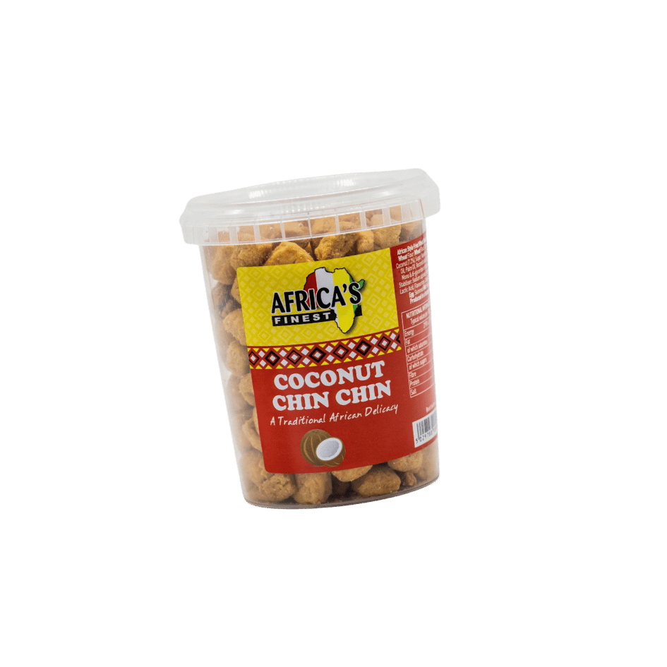 Container of Africa's Finest coconut chin chin, a traditional African snack, with a yellow and red label showing a coconut image.
