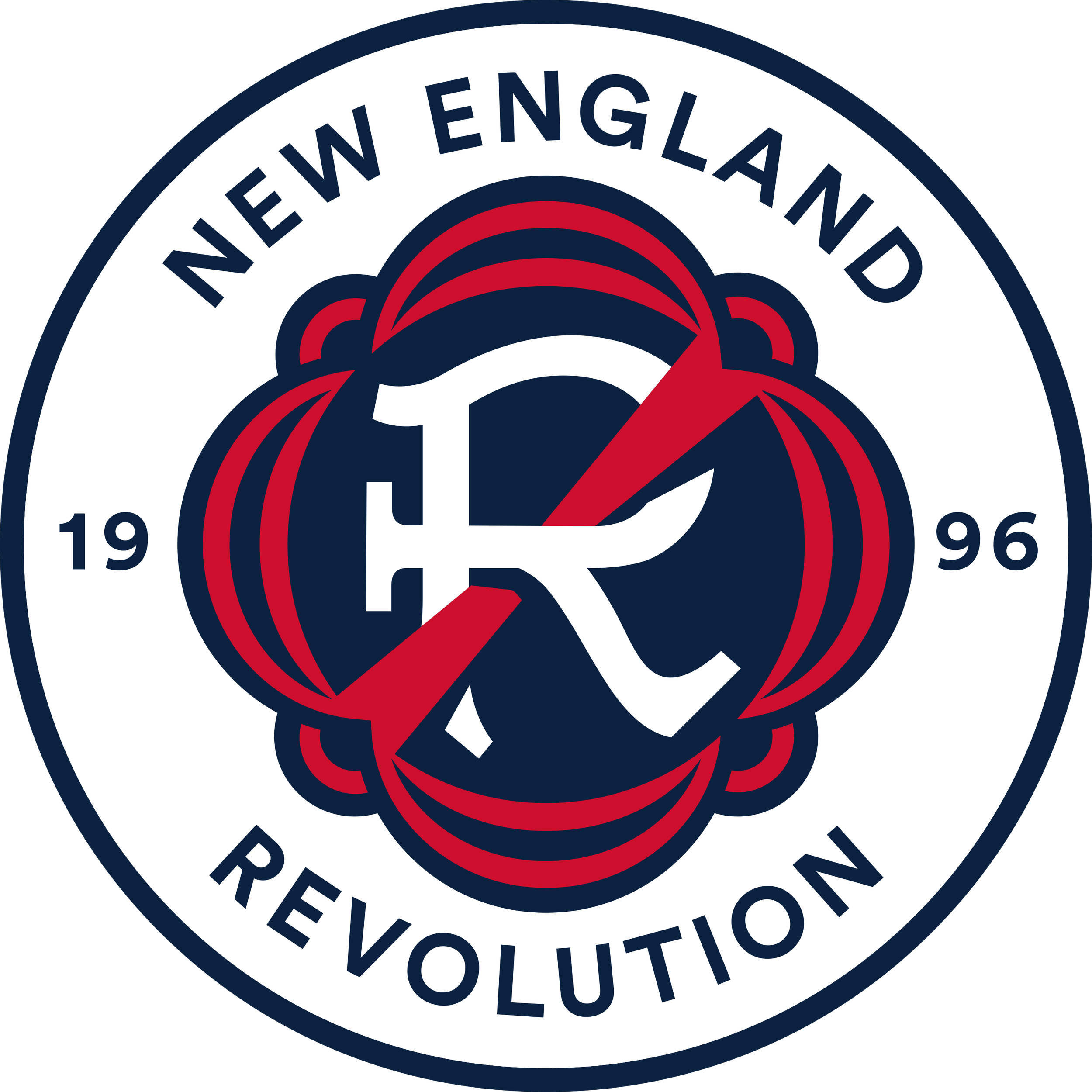 Emblem of the New England Revolution soccer team featuring a bold circular logo with a red and navy rose design, the letters 'NE' and 'RE' intertwined, and the words 'New England' and 'Revolution' around the circle, with the year 1996.