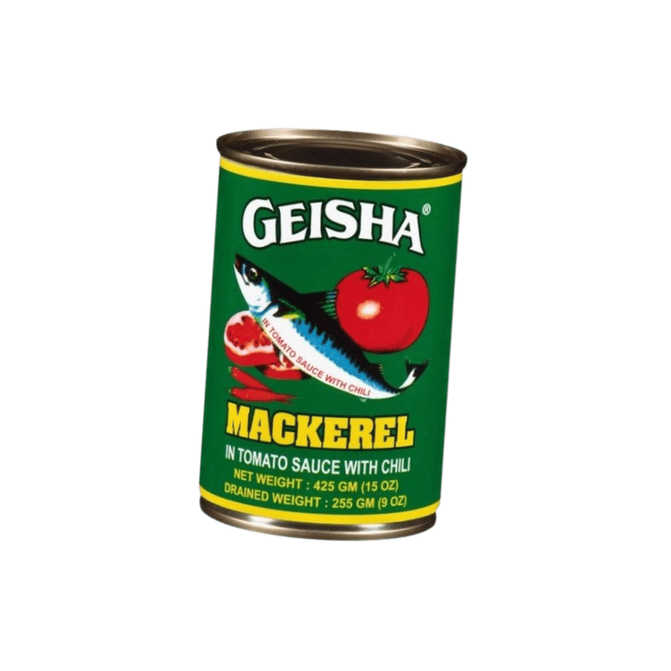 A can of Geisha mackerel in tomato sauce with chili, featuring a green background with a tomato and a fish illustration.