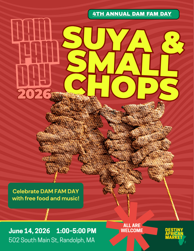 Poster for the 4th Annual Dam Fam Day featuring skewers of small chops, with event details including date, time, location, and a note about free food and music, all set against a red background with green and yellow accents.