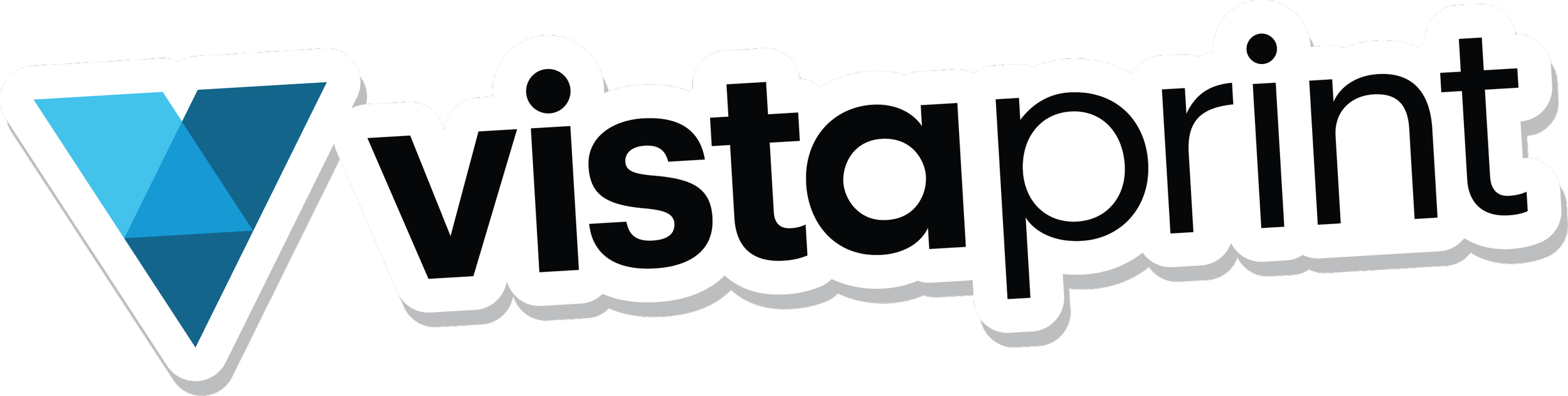 Visually, the image displays the logo of 'Visioprint' with a stylized 'V' in shades of blue and black text with a white outline.