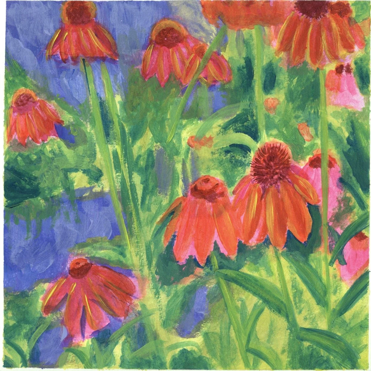 Coneflowers On A Walk, Acrylic on Paper, 8" x 8"