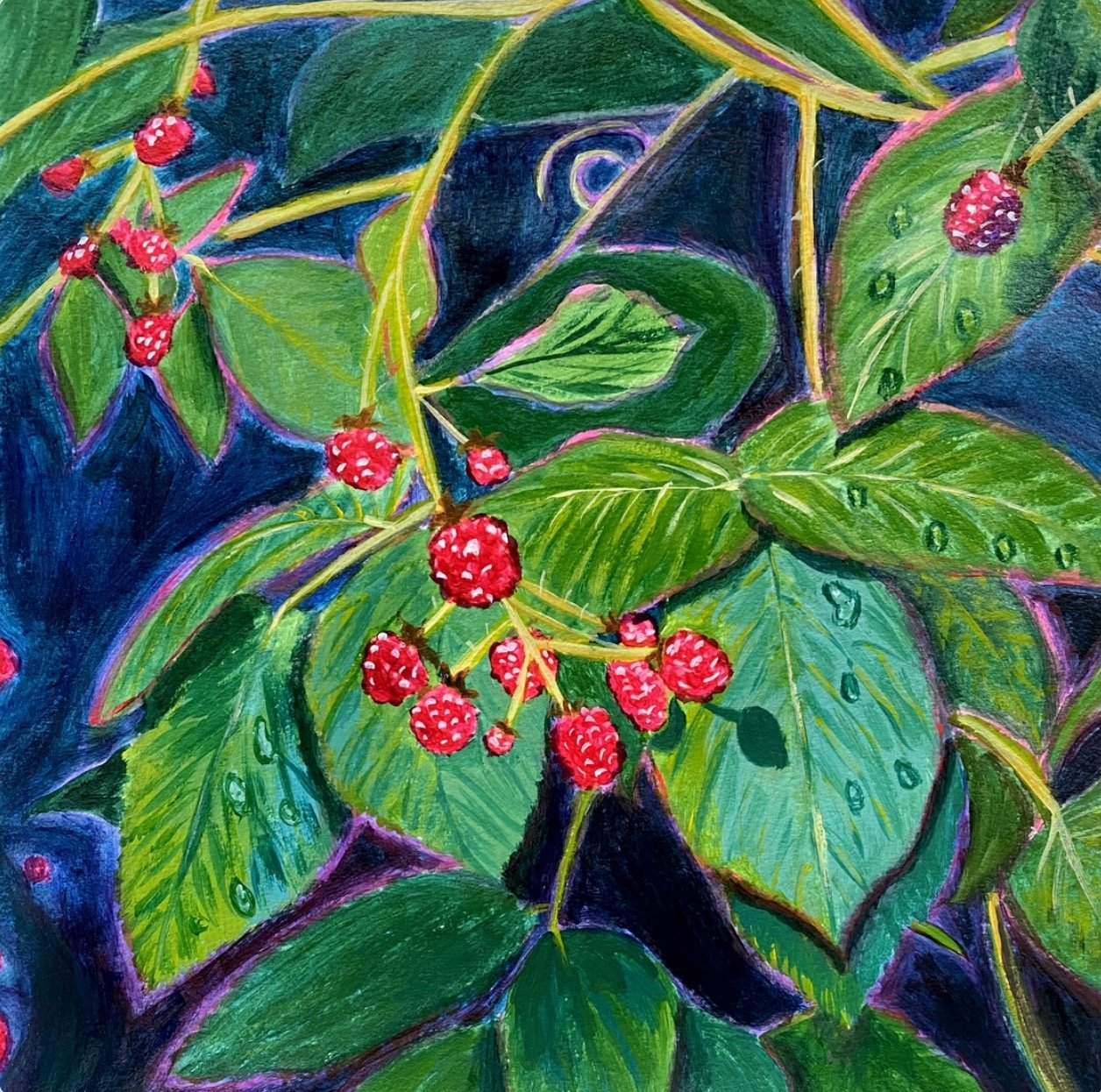 Wild Raspberries On A Steamy Hike, Acrylic on Paper, 8" x 8"