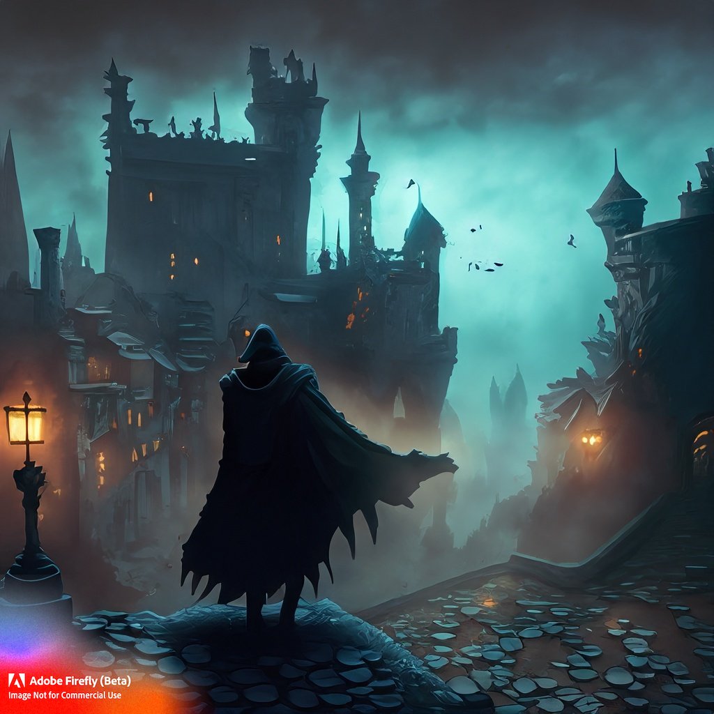 Firefly_Foggy+fantasy city at night, with a castle, coins on the ground, and a figure in a dark tattered cloak in the background._art,cool_colors,dramatic_light,shot_from_above_37169.jpg