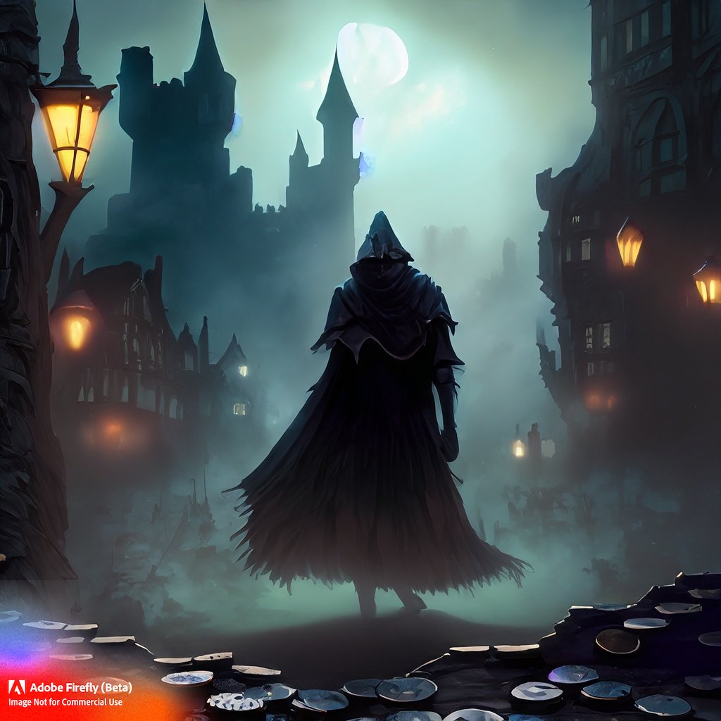 Firefly_Foggy+fantasy city at night, with a castle, coins on the ground, and a figure in a dark tattered cloak in the background._art_71784.jpg