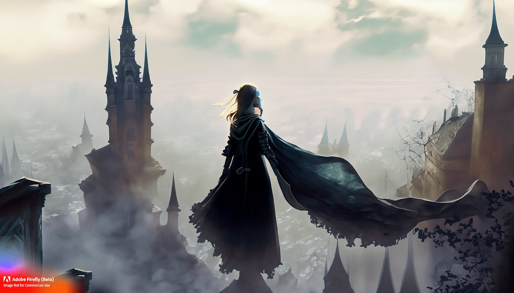 Firefly_mist+and fog, person in a dark cape made of fabric ribbons. The person is flying, there's an ancient city rooftops, coins and glass vials, a castle with many spires_art,wide_angle,fantasy_44916.jpg