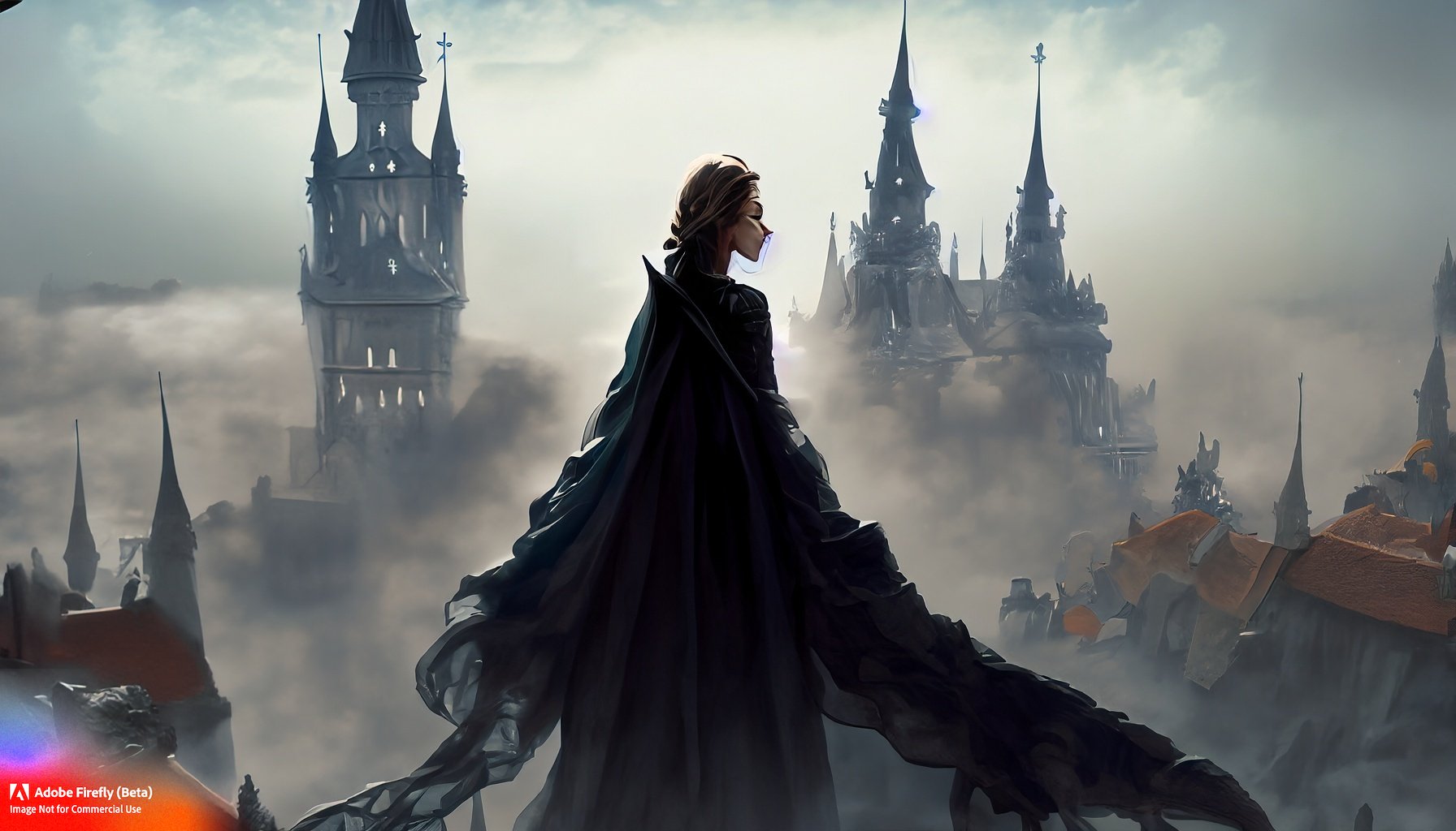 Firefly_mist+and fog, person in a dark cape made of fabric ribbons. The person is flying, there's an ancient city rooftops, coins and glass vials, a castle with many spires_art,wide_angle,fantasy_86265.jpg