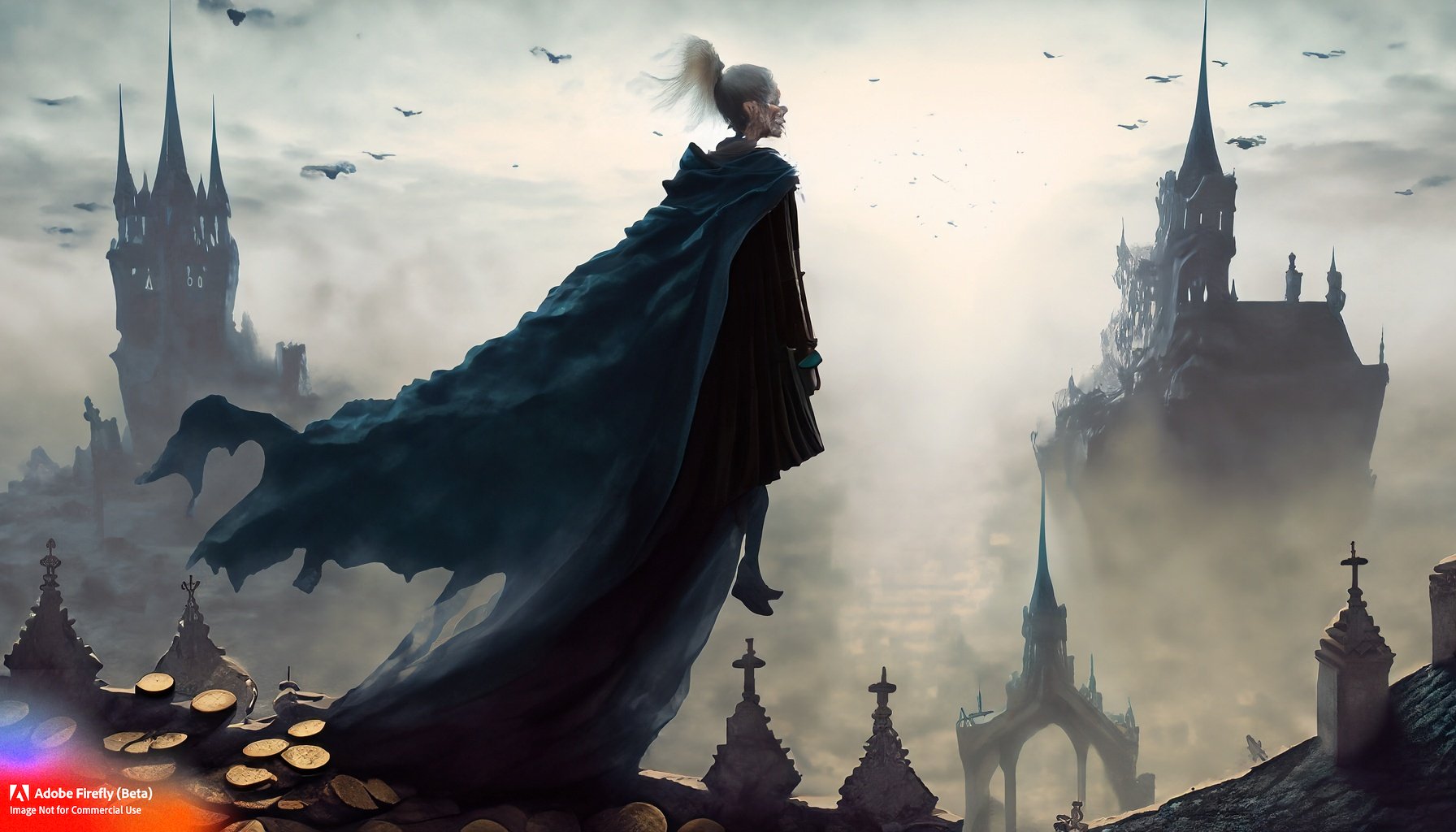 Firefly_mist+and fog, person in a dark cape made of fabric ribbons. The person is flying over an ancient city rooftops, coins, a castle with many spires_art,wide_angle,fantasy_6754.jpg