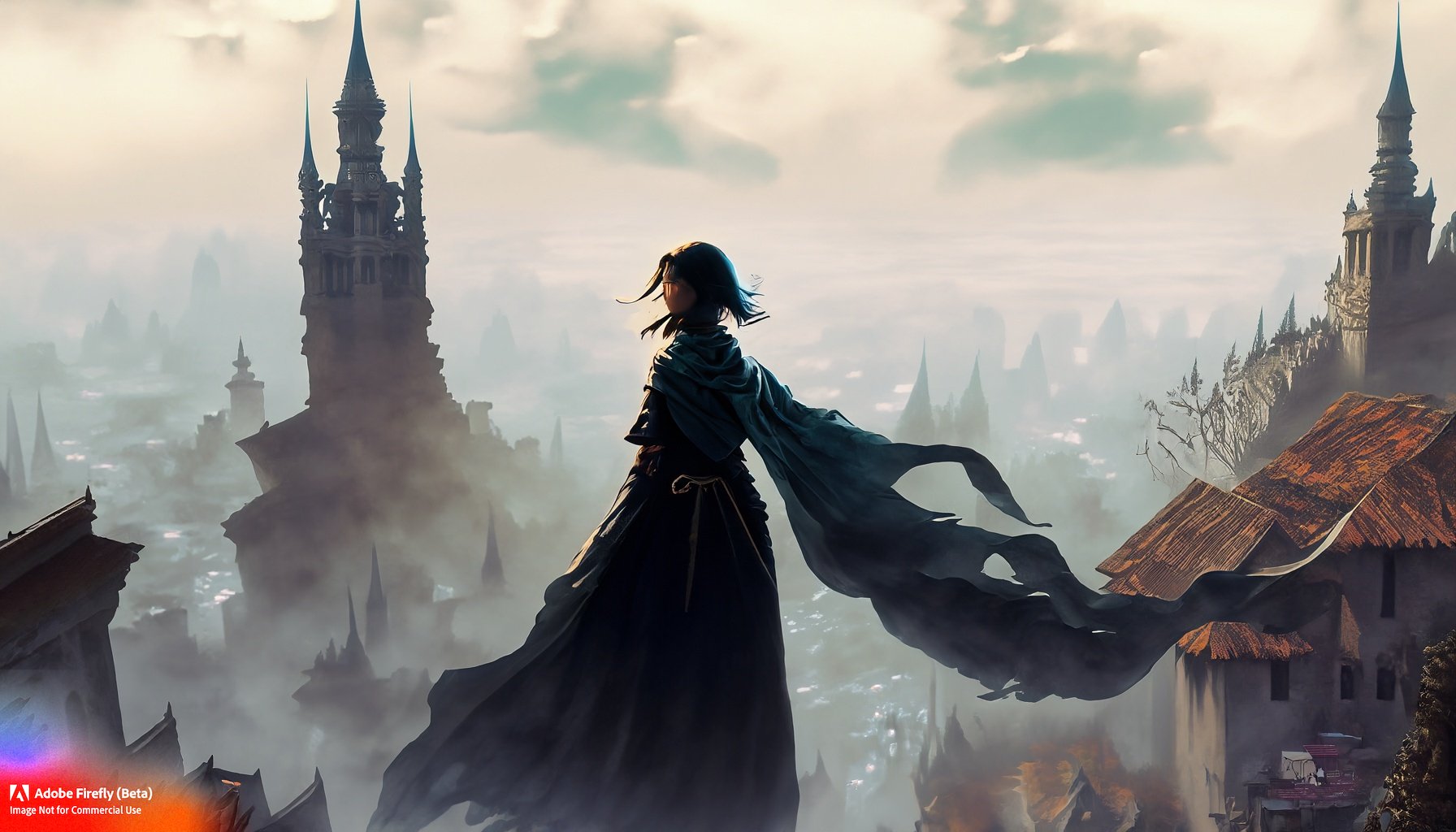 Firefly_mist+and fog, person in a dark cape made of fabric ribbons. The person is flying over an ancient city rooftops, coins, a castle with many spires_art,wide_angle,fantasy_44916.jpg