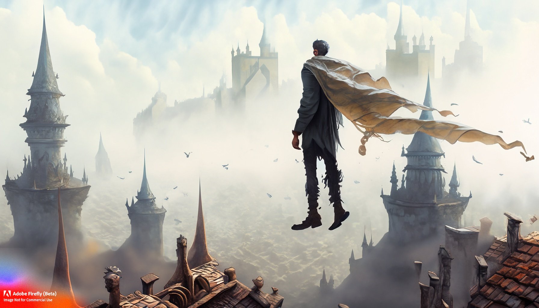 Firefly_mist+and fog, person in a cape of ribbons flying over ancient city rooftops, coins, a castle with many spires_art,wide_angle,fantasy_52274.jpg