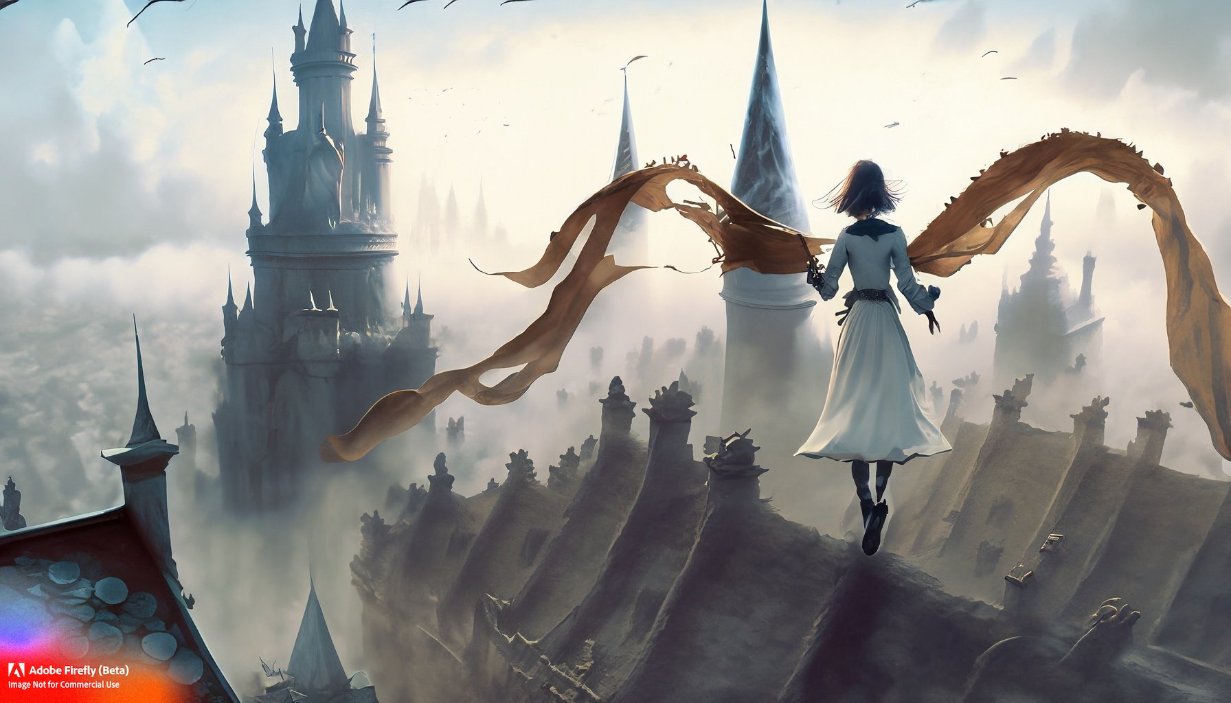 Firefly_mist+and fog, person in a cape of ribbons flying over ancient city rooftops, coins, a castle with many spires_art,wide_angle,fantasy_86265.jpg