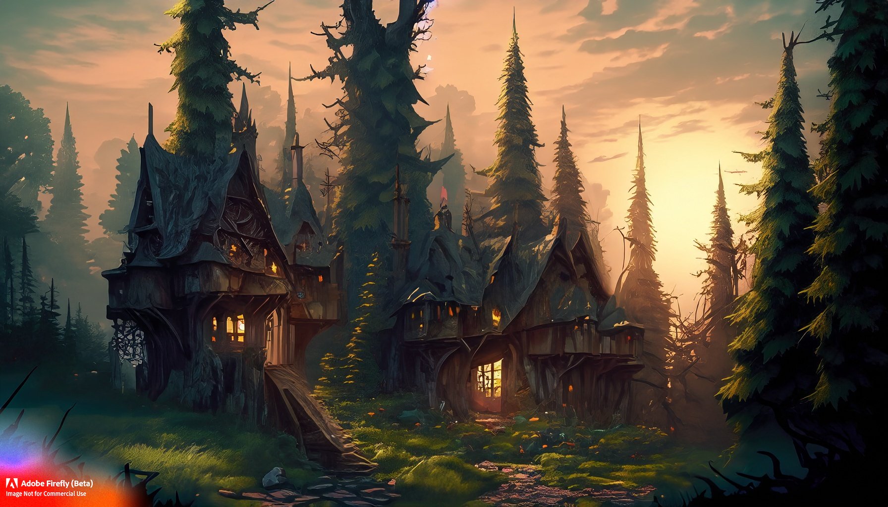 Firefly_mistward,+fae outpost of buildings deep in the woods, surrounded by tall evergreens, at sunset_art,wide_angle_44916.jpg